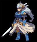  1girl armor armored_boots armored_dress blue_armor blue_eyes boots braid chibi helmet lenneth_valkyrie low-braided_long_hair niking shoulder_armor sword valkyrie valkyrie_profile weapon winged_helmet 