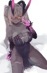  1girl absurdres breasts bukkake choker cleavage collarbone colored_skin cosplay cum cum_on_body cum_on_breasts cum_on_glasses cum_on_gloves cum_on_hair cum_on_hands cum_on_legs eyebrows_visible_through_hair eyes_visible_through_hair fate/grand_order fate_(series) glasses grey_hair grey_skin highres horns jacques_de_molay_(foreigner)_(fate) jacques_de_molay_(foreigner)_(fate)_(cosplay) kneeling large_breasts looking_at_viewer original pointy_ears semi-rimless_eyewear solo thighs todding under-rim_eyewear yellow_eyes 