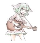  1girl :d animal_ears bangs blush commentary_request dog_ears dress eyebrows_visible_through_hair green_eyes green_hair guitar instrument kasodani_kyouko nibi open_mouth pink_dress short_hair simple_background smile solo touhou wavy_hair white_background 