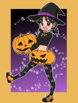  1girl :d alternate_headwear animal_print bangs bat_print black_hair black_headwear black_legwear black_shirt blue_eyes border bow commentary eyebrows_visible_through_hair girls_und_panzer gloves hair_tie halloween halloween_costume hat holding jack-o&#039;-lantern legwear_under_shorts long_hair looking_at_viewer low_twintails midriff navel nina_(girls_und_panzer) open_mouth orange_border orange_bow orange_footwear orange_gloves orange_shorts outline pantyhose print_legwear pumpkin_pants shirt shoes short_hair short_twintails shorts skull smile solo sparkle standing takahashi_kurage twintails white_outline witch_hat 