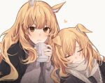  2girls absurdres animal_ears arknights aunt_and_niece blemishine_(arknights) blonde_hair blush brown_scarf brown_sweater cape closed_eyes commentary cup extra_ears eyebrows_visible_through_hair floppy_ears heart highres hikimayu holding holding_cup horse_ears horse_girl incest light_smile long_hair looking_at_viewer lyas mug multiple_girls parted_lips portrait scarf simple_background sleeping sleeping_on_person sweater symbol-only_commentary thick_eyebrows whislash_(arknights) white_background white_cape yellow_eyes yuri 