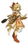  1girl adapted_costume blonde_hair blue_eyes book dc9spot dress fire_emblem frying_pan gold_trim mother_(game) mother_2 open_mouth paula_(mother_2) puffy_sleeves red_footwear ribbon short_hair short_sleeves 