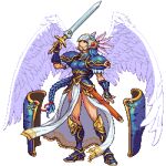  1girl armor armored_boots armored_dress blue_armor blue_eyes boots braid feathered_wings feathers helmet lenneth_valkyrie low-braided_long_hair lowres omegachaino pixel_art shoulder_armor sword transparent_background valkyrie valkyrie_profile weapon winged_helmet wings 