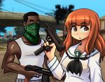  1boy 1girl absurdres ak-47 assault_rifle breasts brown_eyes carl_johnson collarbone covered_mouth crossover dark-skinned_male dark_skin gangster girls_und_panzer grand_theft_auto grand_theft_auto:_san_andreas grove_street gun highres kalashnikov_rifle large_breasts looking_at_viewer mac-10 muscular muscular_male ooarai_school_uniform orange_hair outdoors rifle sailor_collar school_uniform shiijeikun submachine_gun takebe_saori tank_top trigger_discipline twitter_username weapon white_tank_top 