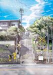  blue_sky building cloud commentary_request day fence grass hankachi_(okayama012) highres house no_humans onomichi_(city) original plant power_lines railroad_crossing railroad_tracks real_world_location road scenery shade sign sky stairs sunlight tree utility_pole 