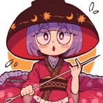  1girl ashyzzz bangs blunt_bangs blush_stickers bowl bowl_hat bright_pupils eyebrows_visible_through_hair flying_sweatdrops hat highres holding japanese_clothes kimono looking_at_viewer needle open_mouth purple_eyes purple_hair red_kimono sewing_needle short_hair solo sukuna_shinmyoumaru thick_eyebrows touhou twitter_username upper_body white_background white_pupils wide_sleeves 