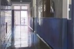  bulletin_board commentary_request day door fence hallway hankachi_(okayama012) light locker no_humans open_door original poster_(object) reflective_floor scenery school sky window 