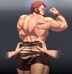  2boys ass ass_grab back bad_id bad_pixiv_id bara beard biceps black_shorts blush facial_hair fate/grand_order fate/zero fate_(series) flexing grabbing_another&#039;s_ass groping hand_on_another&#039;s_ass iskandar_(fate) looking_back male_focus mature_male multiple_boys muscular muscular_male pose protected_link red_eyes red_hair seductive_smile shiny shiny_clothes short_hair shorts shunta smile solo_focus taut_clothes taut_shorts teeth thick_thighs thighs topless_male torn_clothes torn_shorts wristband yaoi 