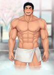  1boy ^_^ abs absurdres arms_at_sides bara black_hair blurry blurry_background blush cherry_blossoms closed_eyes commentary_request facial_hair facing_viewer feet_out_of_frame goatee highres large_pectorals male_focus mature_male mikicat muscular muscular_male naked_towel navel nipples onsen pectorals senpai_ga_uzai_kouhai_no_hanashi short_hair sideburns smile solo standing steam stomach stubble takeda_harumi_(shiromanta) thick_thighs thighs towel v-shaped_eyebrows wading 