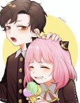  1boy 1girl :o absurdres anya_(spy_x_family) bangs blush brown_eyes brown_hair closed_eyes damian_desmond eating food food_on_face gakuran hand_on_another&#039;s_head headpat hetero highres ice_cream_cone meomoicecr pink_hair school_uniform smile spy_x_family upper_body 