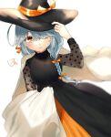  1girl bangs black_dress black_headwear blue_hair blush braid breasts closed_mouth dress hair_over_one_eye hair_over_shoulder hair_ribbon halloween_costume hamanami_(kancolle) hat kantai_collection long_hair long_sleeves multi-tied_hair official_alternate_costume orange_eyes oriharaizaya819 ribbon simple_background single_braid solo white_background witch_hat 