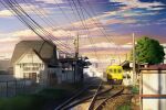  absurdres building cable cloud commentary_request day door fence grass ground_vehicle hankachi_(okayama012) highres hiragana kanji no_humans original plant power_lines railroad_tracks scenery shade sign sky sunlight sunset train train_station train_station_platform tree utility_pole window 