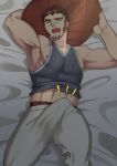  1boy abs akashi_(live_a_hero) armpits bara bulge casual dark erection erection_under_clothes feet_out_of_frame grey_tank_top highres live_a_hero long_sideburns lying male_focus male_underwear male_underwear_peek midriff_peek muscular muscular_male navel nipple_slip nipples on_back on_bed pectorals red_male_underwear reward_available scar scar_on_face scar_on_nose shirt short_hair sideburns sidepec solo stomach striped striped_shirt tank_top thick_thighs thighs underwear yoshinaga_haru 