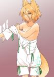  1girl animal_ears bare_shoulders blonde_hair breasts collarbone commentary_request fox_ears fox_girl fox_tail fuuzasa gradient gradient_background green_neckwear green_ribbon highres kudamaki_tsukasa looking_to_the_side neck_ribbon off_shoulder ribbon romper short_hair short_sleeves small_breasts smile solo tail touhou undressing yellow_eyes 