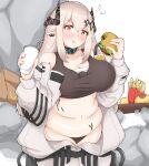  1girl :t absurdres arknights bangs black_choker black_panties blush breasts burger chest_sarashi choker cleavage commentary cowboy_shot crop_top cup disposable_cup drinking_straw elite_ii_(arknights) eyebrows_visible_through_hair eyeshadow food french_fries hair_between_eyes hands_up highres holding holding_cup horns infection_monitor_(arknights) large_breasts long_hair long_sleeves looking_at_viewer makeup midriff mudrock_(arknights) navel oripathy_lesion_(arknights) panties physisyoon plump pointy_ears red_eyes sarashi silver_hair solo sports_bra standing stomach underwear wcdonalds white_background 