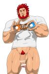  1boy bar_censor bara beard beberiri bottomless casual censored facial_hair fate/zero fate_(series) feet_out_of_frame iskandar_(fate) itunes_card male_focus male_pubic_hair mature_male meme muscular muscular_male naked_shirt one_eye_closed pectorals penis pubic_hair red_eyes red_hair shirt short_hair solo t-shirt thick_thighs thighs veins white_shirt 