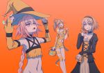  1boy 2girls absurdres alternate_costume astolfo_(fate) blonde_hair blue_eyes blue_headwear blue_skirt blush bottomless bow braid breasts cleavage collarbone eyebrows_visible_through_hair fate/apocrypha fate/grand_order fate_(series) green_eyes grey_hair hair_between_eyes hair_bow hair_ribbon halloween hat hej highres jeanne_d&#039;arc_(fate) jeanne_d&#039;arc_(fate/apocrypha) long_hair looking_at_another looking_at_viewer medium_breasts midriff miniskirt mordred_(fate) mordred_(fate/apocrypha) multiple_girls navel orange_background otoko_no_ko ponytail purple_eyes ribbon simple_background single_braid skirt 