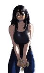  1girl absurdres black_eyes black_hair blush breasts closed_mouth collarbone eyebrows flower highres holding holding_flower kms2605 large_breasts long_hair looking_at_viewer original simple_background smile solo tank_top thick_eyebrows v_arms white_background 