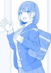  1girl ai-chan_(tawawa) blue_theme blush braid breasts getsuyoubi_no_tawawa himura_kiseki_(style) kapatarou large_breasts looking_at_viewer monochrome open_mouth school_uniform short_hair simple_background skirt solo waving 