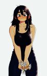 1girl absurdres black_eyes black_hair blush breasts closed_mouth collarbone eyebrows flower grey_background highres holding holding_flower kms2605 large_breasts long_hair looking_at_viewer original simple_background smile solo tank_top thick_eyebrows v_arms 