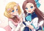  2girls blonde_hair blue_eyes blush brown_hair earrings flower gloves hair_flower hair_ornament hair_ribbon holding_hands jewelry katarina_claes long_sleeves maria_campbell multiple_girls open_mouth otome_game_no_hametsu_flag_shika_nai_akuyaku_reijou_ni_tensei_shite_shimatta petals ribbon short_sleeves yamagara_tasuku yuri 