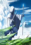  blue_sky branch cliff cloak cloud cloudy_sky commentary_request day fantasy grass hankachi_(okayama012) holding mountain no_humans original plant rock scenery sky staff statue sword weapon 