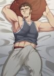  1boy abs akashi_(live_a_hero) armpits bara bulge casual erection erection_under_clothes feet_out_of_frame grey_tank_top highres live_a_hero long_sideburns lying male_focus male_underwear male_underwear_peek midriff_peek muscular muscular_male navel nipple_slip nipples on_back on_bed pectorals red_male_underwear reward_available scar scar_on_face scar_on_nose shirt short_hair sideburns sidepec solo stomach striped striped_shirt tank_top thick_thighs thighs underwear waking_up yoshinaga_haru 