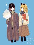  2girls :d bangs baseball_cap beige_sweater black_headwear black_pants blonde_hair blue_background blush bonryuu brown_hair brown_jacket closed_mouth cotton_candy food green_scarf hand_up hat hibike!_euphonium highres holding holding_food jacket long_hair long_sleeves mickey_mouse_ears multiple_girls nakagawa_natsuki open_mouth pants plaid plaid_scarf scarf simple_background smile standing stuffed_dinosaur stuffed_toy sweater yoshikawa_yuuko 