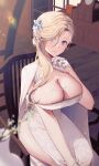  1girl absurdres azur_lane bangs blonde_hair blue_eyes blurry blurry_foreground breasts cape chair cleavage closed_mouth commentary cowboy_shot diffraction_spikes dress gloves hair_ornament hair_over_shoulder hand_up highres hood_(azur_lane) indoors jewelry large_breasts lens_flare light_smile long_hair looking_at_viewer moonlgnance parted_bangs ring side_slit sitting sleeveless sleeveless_dress solo wedding_band white_cape white_dress white_gloves white_theme 