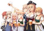  &gt;_&lt; 6+girls alcohol alternate_costume aqua_eyes beer beer_mug bismarck_(kancolle) blonde_hair blue_eyes blush braid breasts brown_eyes cleavage closed_mouth collarbone cup dirndl enemy_naval_mine_(kancolle) eyebrows_visible_through_hair flower german_clothes graf_zeppelin_(kancolle) grey_headwear hair_between_eyes hair_flower hair_ornament hat highres holding holding_cup ichikawa_feesu kantai_collection large_breasts long_hair mug multiple_girls oktoberfest open_mouth peaked_cap pink_flower prinz_eugen_(kancolle) puffy_short_sleeves puffy_sleeves purple_eyes red_hair ro-500_(kancolle) shin&#039;you_(kancolle) short_hair short_sleeves sidelocks simple_background single_braid smile twintails white_background z1_leberecht_maass_(kancolle) z3_max_schultz_(kancolle) 