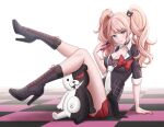  1girl arm_support bangs bear_hair_ornament black_footwear black_necktie black_shirt blonde_hair blue_eyes boots bow breasts cleavage commentary danganronpa:_trigger_happy_havoc danganronpa_(series) enoshima_junko hair_ornament high_heel_boots high_heels highres hyosi knee_boots knees_up long_hair looking_at_viewer monokuma nail_polish necktie open_mouth plaid plaid_skirt red_bow red_skirt shirt skirt sleeves_rolled_up smile twintails white_necktie 