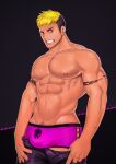  1boy abs absurdres alternate_skin_color arm_tattoo bara blonde_hair bulge clenched_teeth clothes_pull cross-laced_cutout cross-laced_underwear dark-skinned_male dark_skin highres large_pectorals looking_at_viewer male_focus male_underwear mikicat multicolored_hair muscular muscular_male navel navel_hair nipples pants pants_pull pectorals purple_male_underwear red_eyes scar scar_across_eye short_hair sideburns solo stomach tattoo teeth tetsuya_(housamo) tokyo_afterschool_summoners topless_male two-tone_hair undercut underwear 