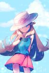  1girl black_wristband blue_eyes blue_shirt brown_hair bucket_hat cloud day hair_flaps hand_on_headwear hand_up hat highres leaf_(pokemon) long_hair outdoors pleated_skirt pokemon pokemon_(game) pokemon_frlg r.aka. red_skirt shirt skirt sky sleeveless sleeveless_shirt solo white_headwear wristband 