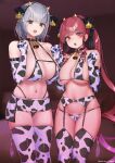  2girls :d :o absurdres animal_ears animal_print arm_strap bangs bell bikini bikini_skirt blunt_bangs breasts collar cow_ears cow_horns cow_print cow_tail cowbell ear_tag elbow_gloves fake_animal_ears fake_horns fake_tail garter_belt garter_straps gloves green_eyes grey_hair hands_up heart heart-shaped_pupils heterochromia highres hololive horns houshou_marine large_breasts lingerie long_hair looking_at_viewer medium_breasts multiple_girls navel neck_bell open_mouth oshiruko_(oshiruco_212048) red_eyes red_hair shirogane_noel short_hair side-by-side skindentation smile standing swimsuit symbol-shaped_pupils tail thighhighs twintails underwear very_long_hair virtual_youtuber yellow_eyes 
