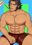  1boy abs absurdres bara black_hair brown_male_underwear bulge dark-skinned_male dark_skin dragalia_lost feeding feet_out_of_frame food highres large_pectorals long_sideburns looking_to_the_side male_focus male_underwear medium_hair mikicat muscular muscular_male navel nipples pectorals pocky ranzal_(dragalia_lost) sideburns sitting solo_focus spread_legs stomach thick_thighs thighs topless_male underwear underwear_only 