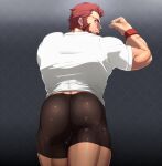  1boy ass back bad_id bad_pixiv_id bara beard biceps black_shorts closed_mouth facial_hair fate/grand_order fate/zero fate_(series) flexing iskandar_(fate) looking_back male_focus mature_male muscular muscular_male pose protected_link red_eyes red_hair shiny shiny_clothes shirt short_hair shorts shunta solo taut_clothes taut_shorts thick_thighs thighs white_shirt wristband 