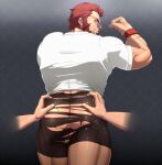  2boys ass ass_grab back bad_id bad_pixiv_id bara beard biceps black_shorts facial_hair fate/grand_order fate/zero fate_(series) flexing grabbing_another&#039;s_ass groping hand_on_another&#039;s_ass iskandar_(fate) looking_back male_focus mature_male multiple_boys muscular muscular_male pose protected_link red_eyes red_hair seductive_smile shiny shiny_clothes shirt short_hair shorts shunta smile solo_focus taut_clothes taut_shorts teeth thick_thighs thighs torn_clothes torn_shorts white_shirt wristband yaoi 