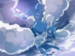  above_clouds altaria anzu_(01010611) beak black_eyes closed_eyes closed_mouth cloud commentary_request evolutionary_line flying highres no_humans one_eye_closed pokemon pokemon_(creature) swablu 