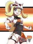  1girl ;d absurdres bea_(pokemon) bea_(pokemon)_(cosplay) bicycle_helmet black_bodysuit blonde_hair bodysuit bodysuit_under_clothes breasts clenched_hands collared_shirt commentary_request cosplay covered_navel eyelashes helmet high_ponytail highres korrina_(pokemon) long_hair looking_at_viewer one_eye_closed open_mouth pokemon pokemon_(game) pokemon_swsh pokemon_xy print_shirt print_shorts shabana_may shirt short_sleeves shorts side_slit side_slit_shorts smile solo teeth tongue two_side_up upper_teeth 