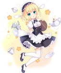  1girl :o animal_ears apron ark_order back_bow bangs black_dress black_footwear black_neckwear blonde_hair blue_eyes blush bow bunny cup dress fake_animal_ears fleur_de_lapin_uniform flower frilled_apron frills full_body gochuumon_wa_usagi_desu_ka? holding holding_tray ikataruto kirima_sharo looking_at_viewer maid maid_headdress mary_janes official_art puffy_short_sleeves puffy_sleeves rabbit_ears shirt shoes short_hair short_sleeves sidelocks solo tachi-e teacup teapot thighhighs transparent_background tray waist_apron white_apron white_bow white_legwear white_shirt wild_geese 