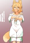  1girl animal_ears bare_shoulders blonde_hair breasts collarbone commentary_request fox_ears fox_girl fox_tail fuuzasa gradient gradient_background green_neckwear green_ribbon highres kudamaki_tsukasa looking_at_viewer neck_ribbon off_shoulder ribbon romper short_hair short_sleeves small_breasts smile solo tail touhou undressing yellow_eyes 