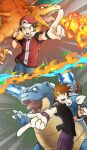  2boys :d baseball_cap black_shirt blastoise blue_oak brown_eyes brown_hair charizard collared_shirt commentary_request fire hand_on_headwear hat highres holding holding_poke_ball jacket male_focus multiple_boys open_mouth outstretched_arm pants pkpokopoko3 pointing poke_ball poke_ball_(basic) pokemon pokemon_(creature) pokemon_(game) pokemon_frlg purple_pants red_(pokemon) red_headwear shirt short_hair short_sleeves smile spiked_hair teeth tongue upper_teeth water wristband 