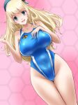  1girl absurdres ankake_hitokaji atago_(kancolle) blonde_hair blue_headwear blue_swimsuit breasts competition_swimsuit covered_navel cowboy_shot dutch_angle green_eyes highres honeycomb_(pattern) honeycomb_background kantai_collection large_breasts long_hair looking_at_viewer one-piece_swimsuit pink_background solo standing swimsuit 