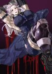  1girl abs breasts dorohedoro earrings formal gloves highres jewelry large_breasts long_hair looking_at_viewer muscular muscular_female navel necktie noi_(dorohedoro) open_mouth park_ongjol red_eyes simple_background skirt smile solo thighhighs white_hair 