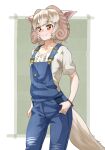  1girl animal_ear_fluff animal_ears blonde_hair bracelet center_frills commentary cowboy_shot curled_horns eyebrows_visible_through_hair frills highres horizontal_pupils horns jewelry kemono_friends looking_at_viewer orange_eyes overalls sheep_(kemono_friends) sheep_ears sheep_girl sheep_horns sheep_tail shirt short_hair short_sleeves simple_background smile solo split_mouth tail tanabe_(fueisei) white_shirt 