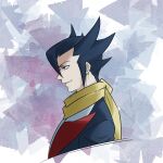  1boy bangs black_hair black_jacket blue_eyes commentary_request from_side grimsley_(pokemon) highres jacket long_sideburns male_focus parted_lips pkpokopoko3 pokemon pokemon_(game) pokemon_bw scarf short_hair sideburns smile solo spiked_hair upper_body yellow_scarf 