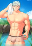  1boy abs absurdres alternate_pectoral_size bara blue_eyes bulge cloud cloudy_sky fate/grand_order fate_(series) feet_out_of_frame highres holding holding_towel large_pectorals looking_at_viewer male_focus male_swimwear mikicat muscular muscular_male navel nipples onsen pectorals percival_(fate) pink_male_swimwear see-through short_hair sky smile solo sparkle stomach swim_briefs swimsuit thick_thighs thighs towel water wet wet_clothes wet_swimsuit white_hair 
