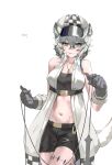  1girl absurdres animal_ears arknights bandeau bangs bare_shoulders black_bandeau black_shorts cabbie_hat checkered cliffheart_(arknights) commentary_request cowboy_shot gloves grey_eyes grey_gloves hair_between_eyes hat highres korean_commentary leopard_ears leopard_tail looking_at_viewer midriff navel short_hair shorts signature silver_hair simple_background sleeveless smile solo ssabbeolle standing stomach strapless tail tube_top white_background white_headwear 