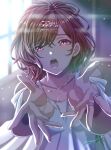  1girl bangs bare_shoulders brown_hair collarbone eyebrows_visible_through_hair hair_ornament hairclip highres higuchi_madoka idolmaster idolmaster_shiny_colors jewelry koya_(koya_x_00) looking_at_viewer mole mole_under_eye necklace off_shoulder open_mouth outstretched_hand pink_eyes ring shirt short_hair signature solo upper_body white_shirt 