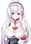  1girl azur_lane belfast_(azur_lane) blush braid breasts cleavage closed_mouth collarbone crossed_arms cup dress eyebrows_visible_through_hair french_braid highres large_breasts long_hair looking_at_viewer maid maid_headdress purple_eyes reflection silver_hair smile solo teacup upper_body wakamezake white_background yan_lie 